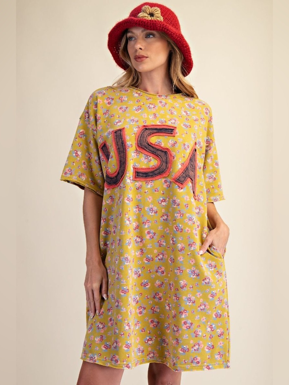#10 Easel CLOSEOUT FIRM 🌸New! Easel Yellow Floral 'USA' Oversized T-Shirt Dress - Picture 2 of 4